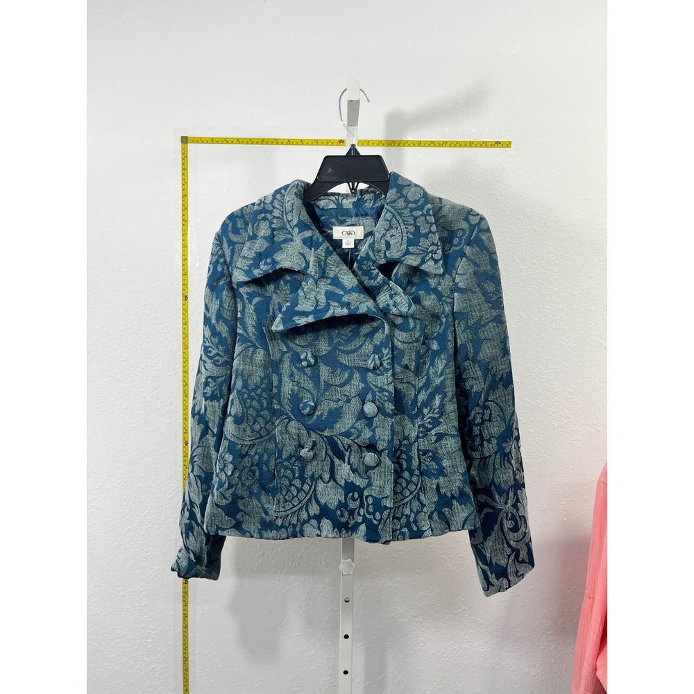 Cato‎ Blue Teal Damask Tapestry Double Breasted Jacket Womens Medium Textured